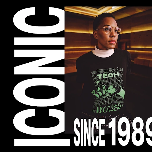 American Apparel social artwork: Iconic since 1989, with a person wearing a printed T-shirt.
