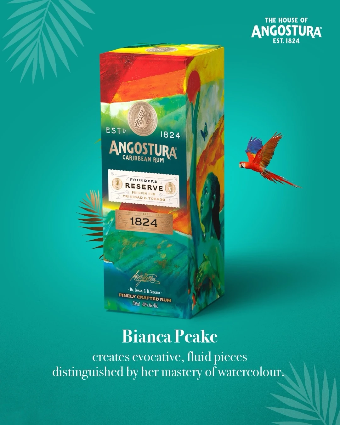 Bianca Peake’s Art of Rum presentation pack, with a colourful watercolour landscape and bird.