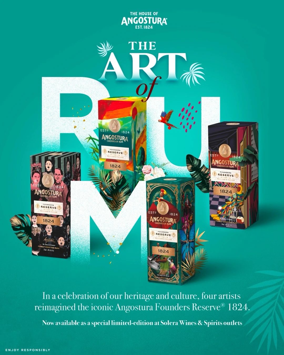 Art of Rum launch artwork showing four artist-designed Angostura Founders Reserve 1824 presentation packs.