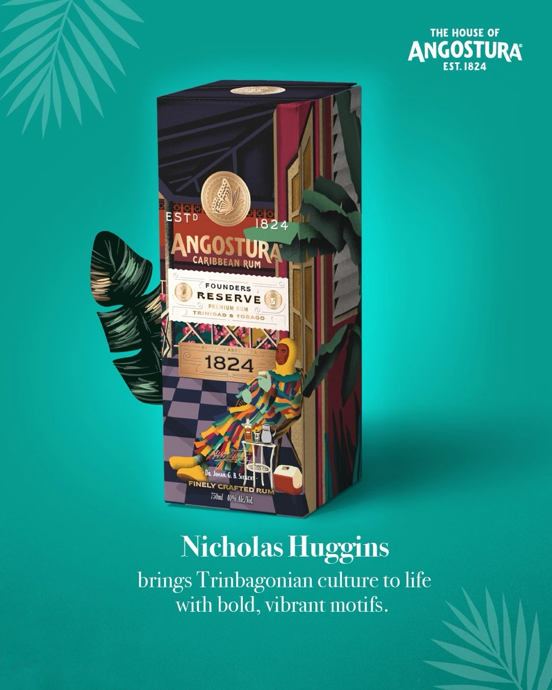 Nicholas Huggins’s Art of Rum presentation pack, with bold geometric colour, foliage and a bird.