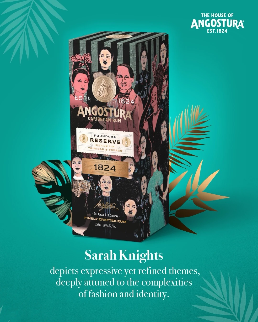 Sarah Knights’s Art of Rum presentation pack, with a series of expressive portraits and floral forms.