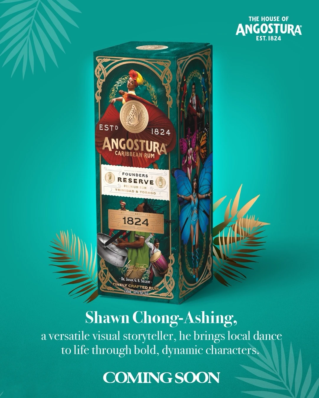 Shawn Chong-Ashing’s Art of Rum presentation pack, with richly coloured figures, decorative forms and Caribbean dance imagery.