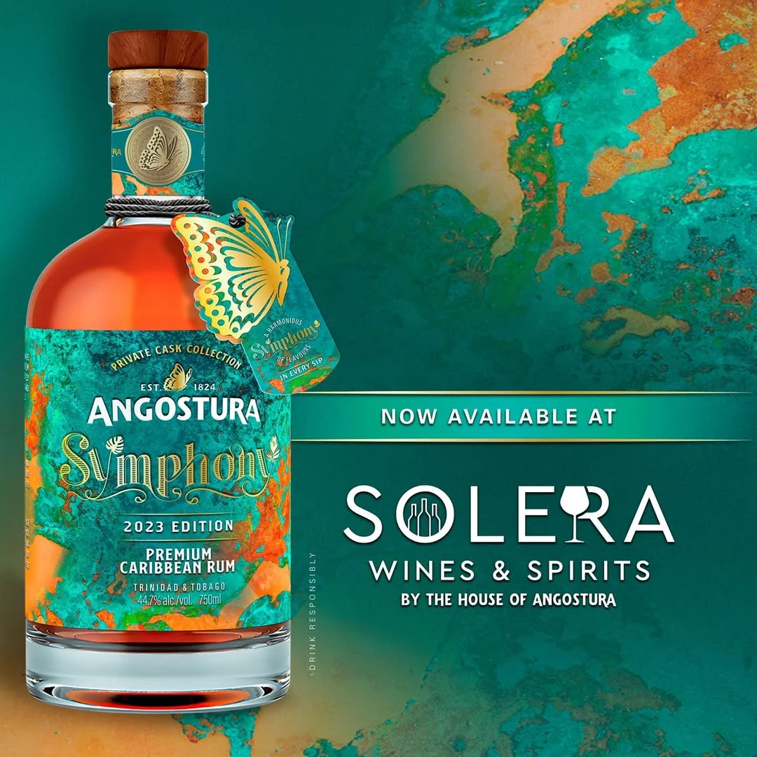 Symphony 2023 limited-edition rum launch artwork featuring the bottle and Solera Wines and Spirits.