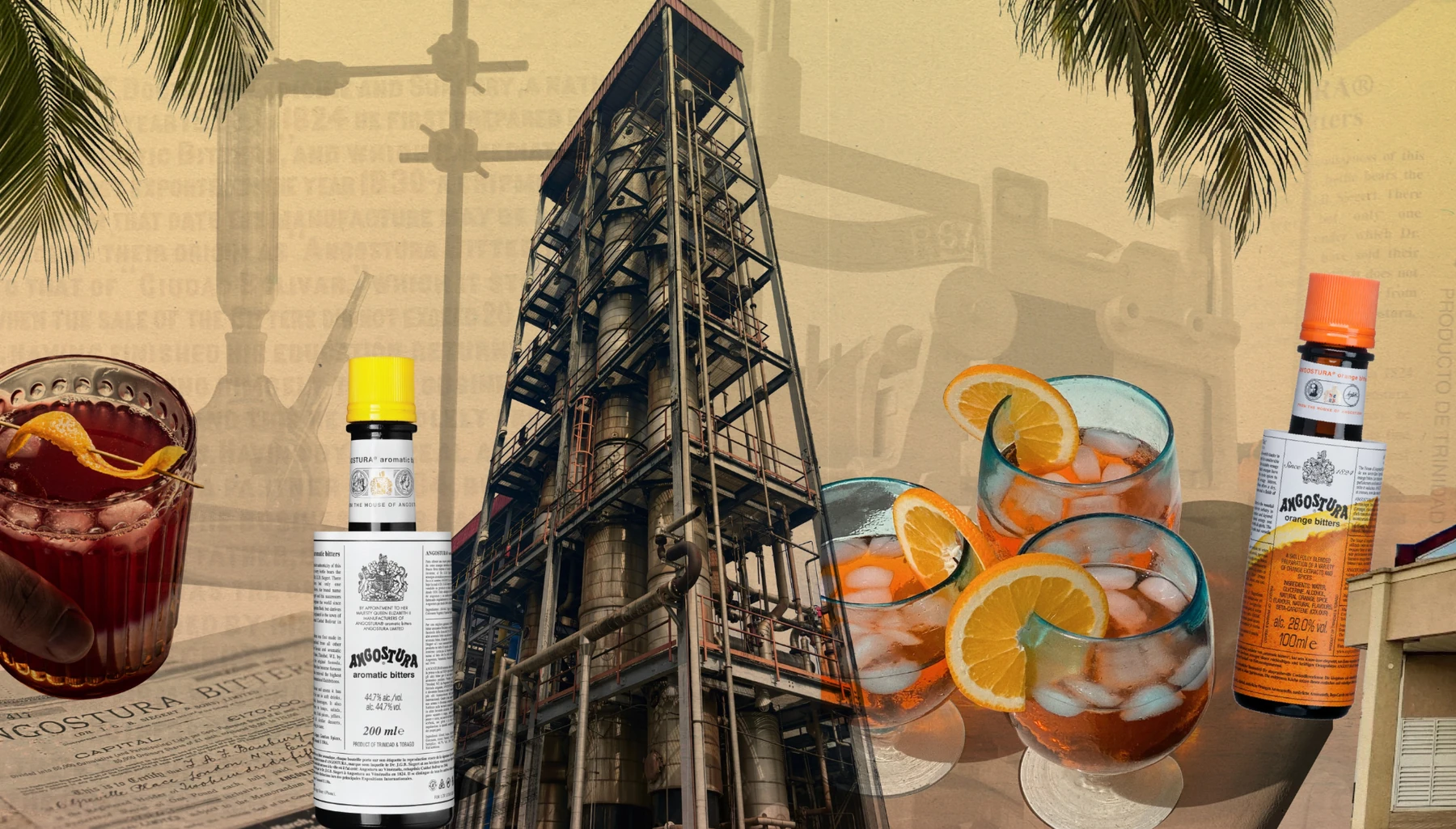 Angostura bitters bottles and cocktails alongside the Trinidad distillery, palm leaves and archival imagery.