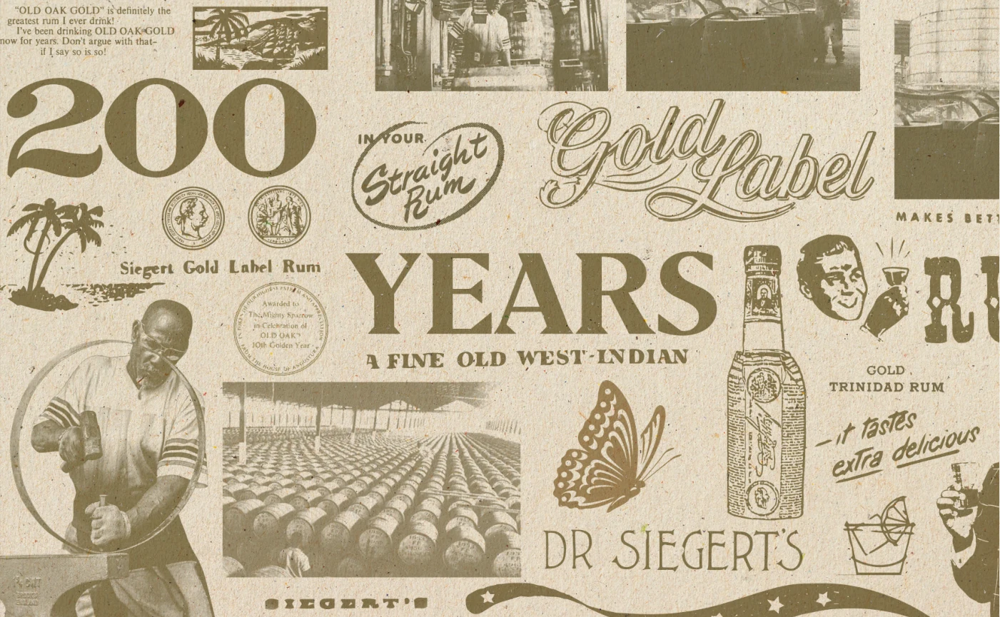 A collage of historic Angostura labels, advertising, photographs, medals and lettering.