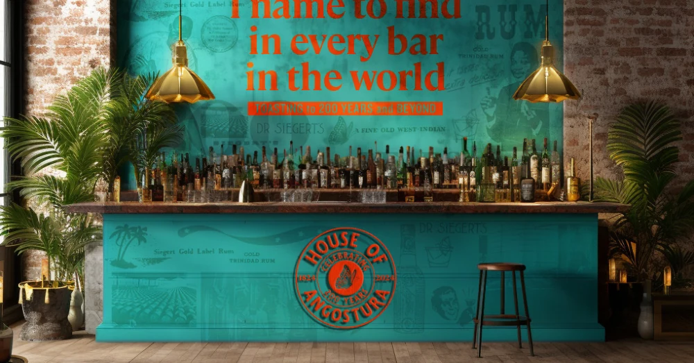 An anniversary bar visual with teal branding, archive graphics, the bicentennial emblem and tropical foliage.