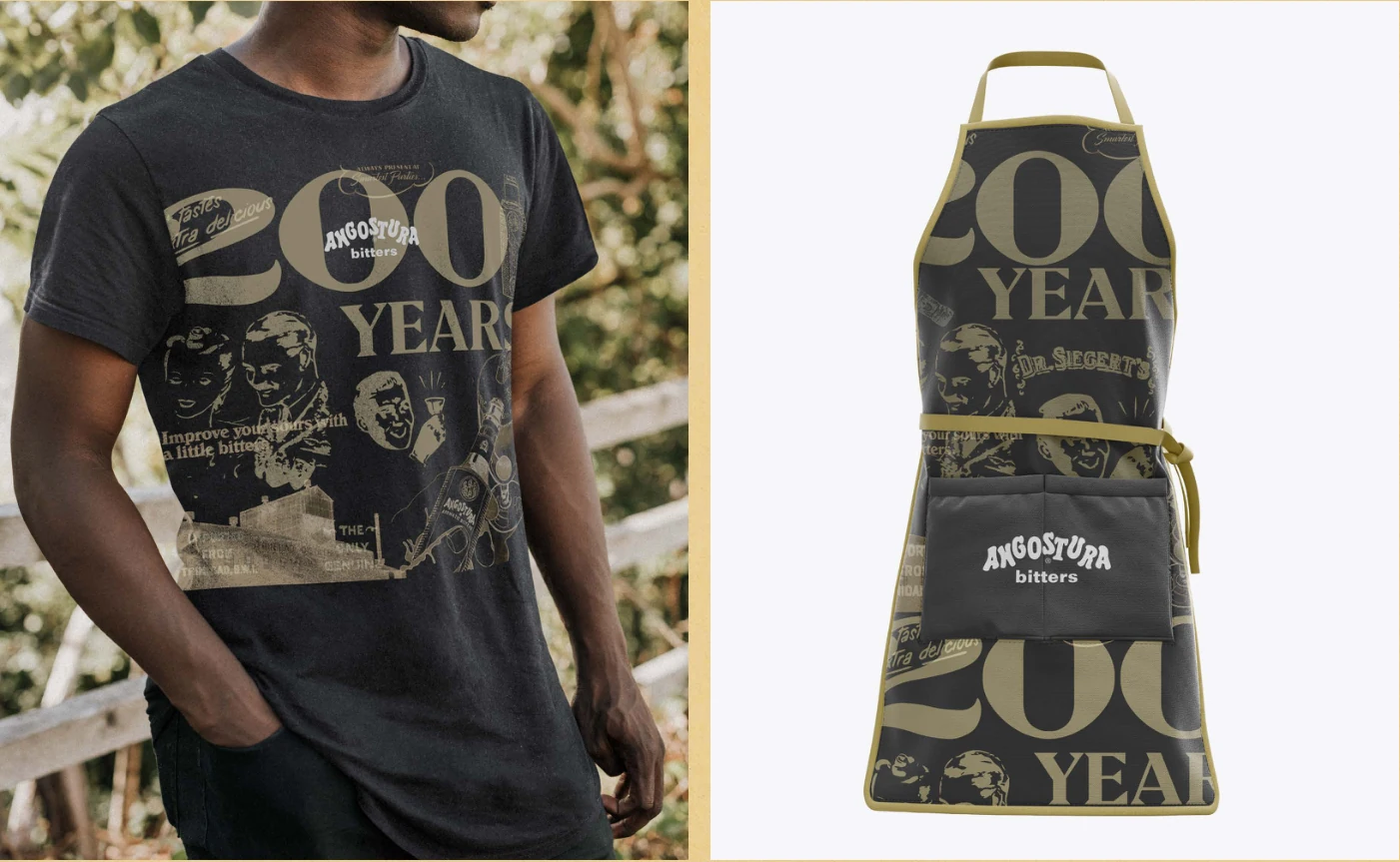 Black and gold 200-year Reserve bitters artwork on a T-shirt and a bartender apron.