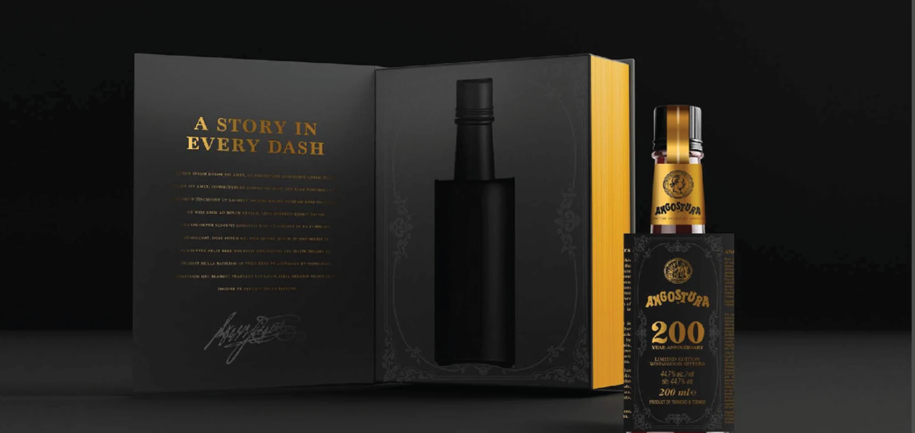 Black and gold Angostura 200-year limited-edition bitters bottle beside an open storybook presentation box.