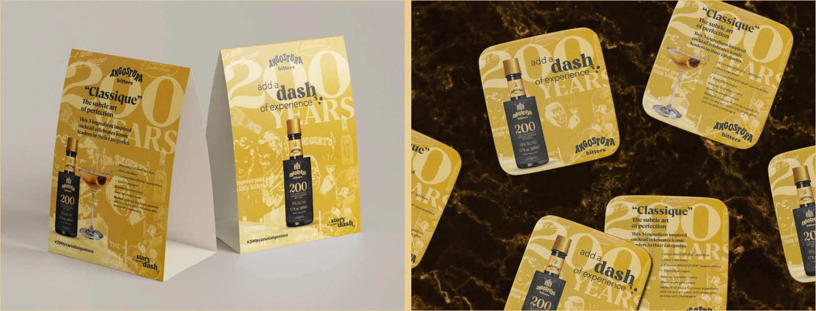 Reserve bitters table tent cards and coasters featuring the product, campaign line and signature serve.