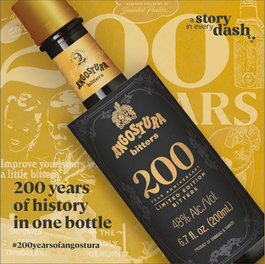 Reserve bitters social artwork with a close-up of the black and gold bottle and the line 200 years of history in one bottle.