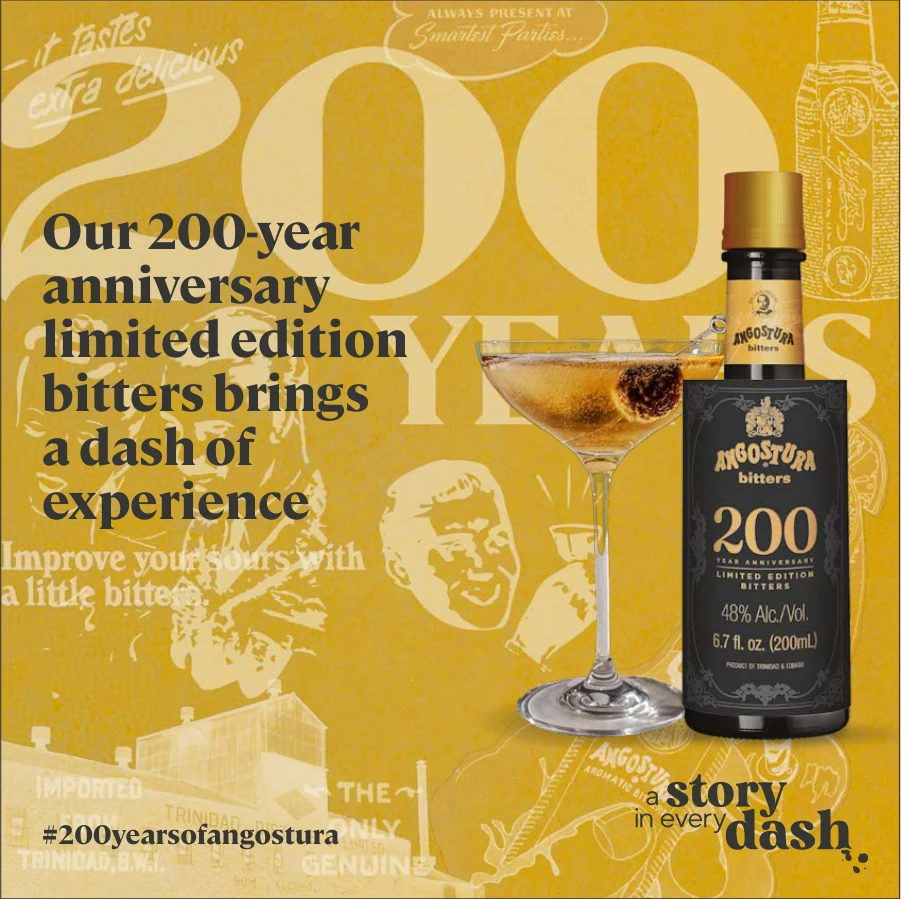 Reserve bitters social artwork pairing the bottle with a cocktail and anniversary messaging.