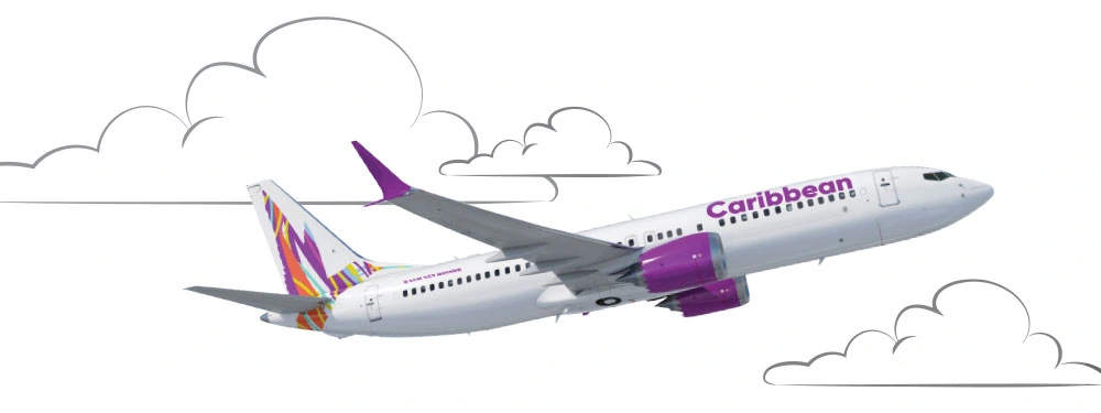 Caribbean Airlines aircraft in flight with purple engines, the colourful hummingbird tail and illustrated clouds on a white background.