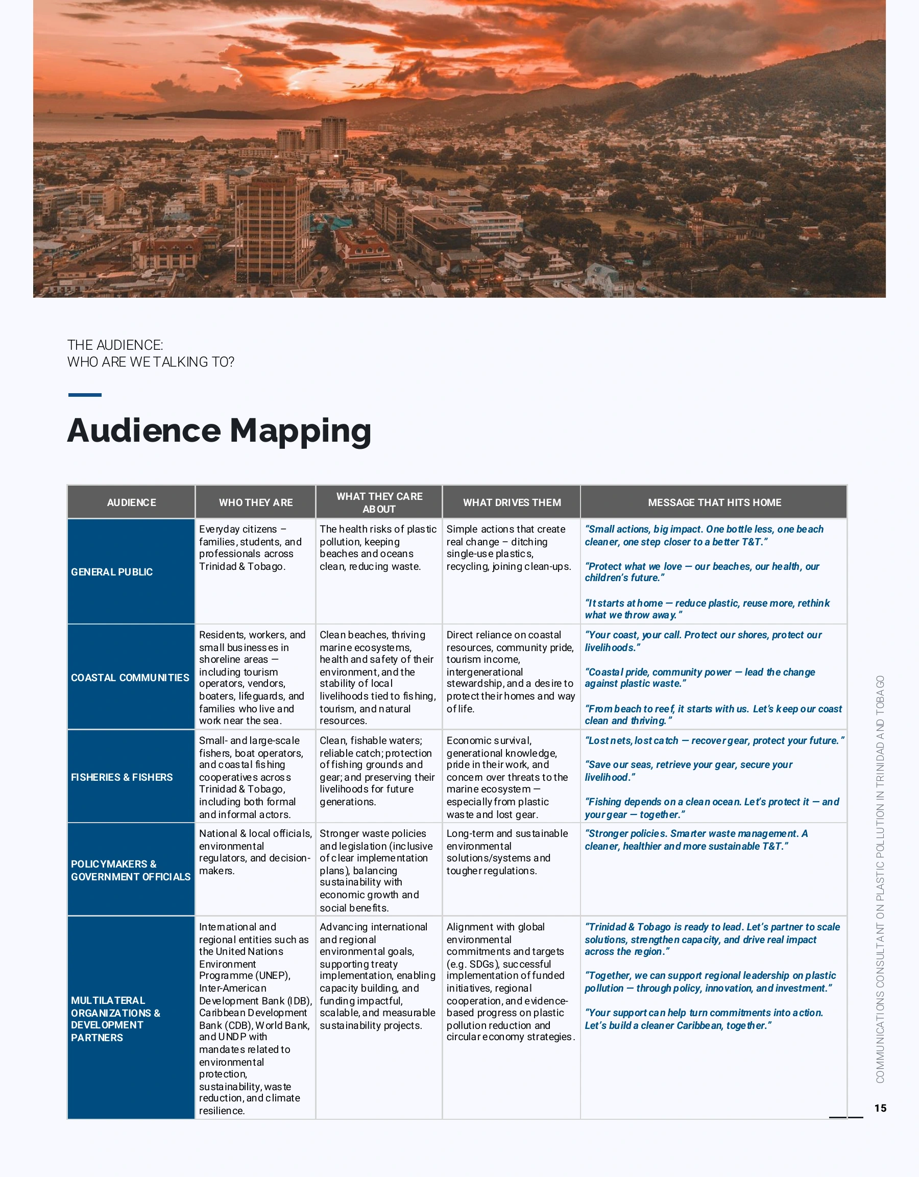 Page 15 of the communications strategy: audience mapping for the general public, coastal communities, fisheries, policymakers and development partners.