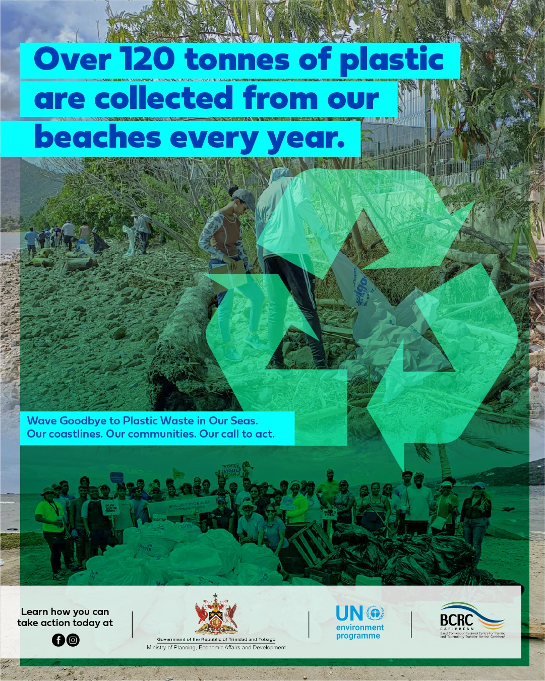 Campaign post highlighting plastic collected during coastal clean-ups in Trinidad and Tobago.