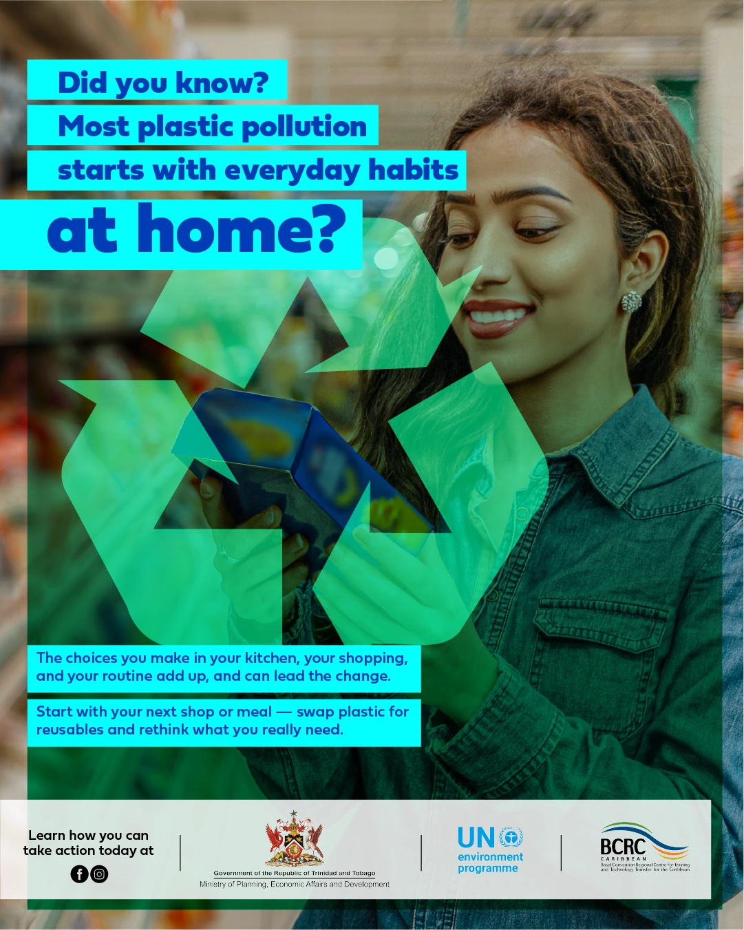Did you know? Most plastic pollution starts with everyday habits at home. Campaign post featuring a shopper and a recycling symbol.