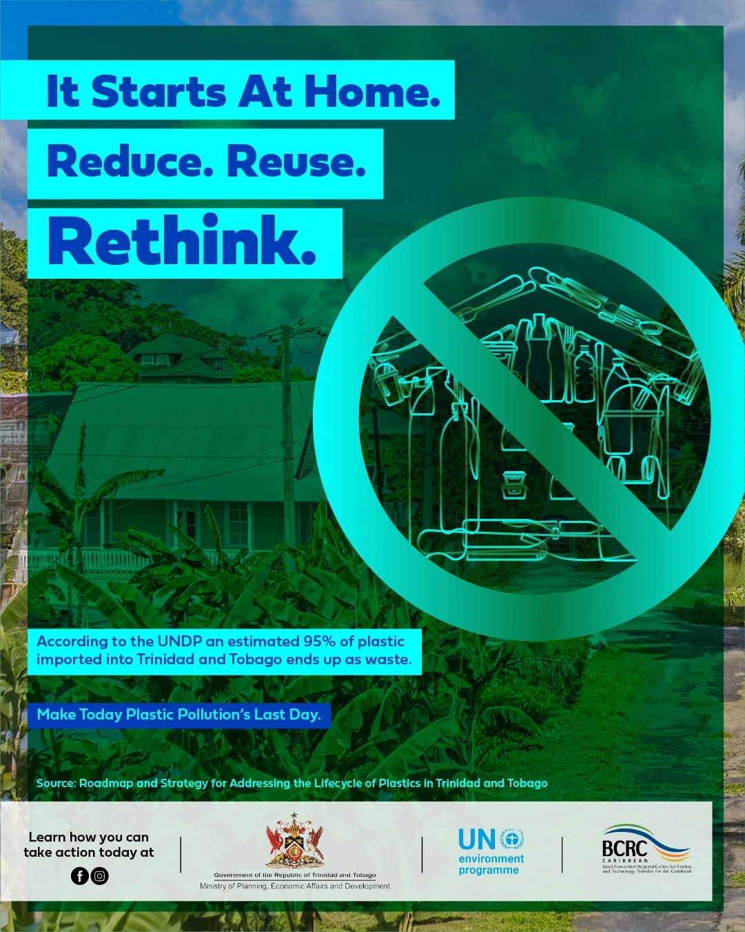 It Starts At Home. Reduce. Reuse. Rethink. Campaign post with a bottle symbol over a local landscape.