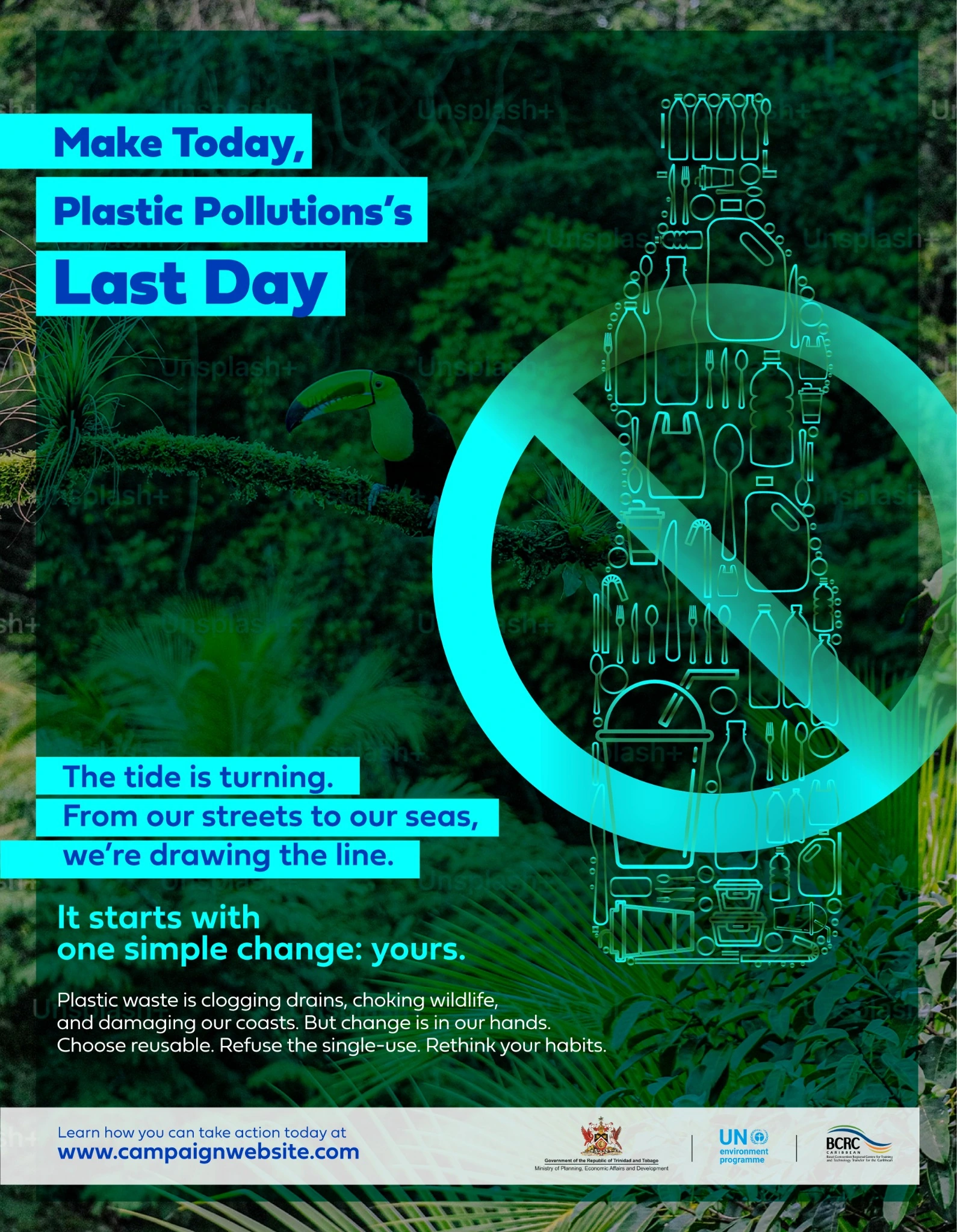 Campaign key visual with a bottle symbol over a green landscape and the line Make Today Plastic Pollution’s Last Day.
