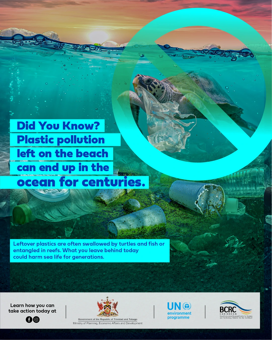 Did You Know? Plastic pollution left on the beach can end up in the ocean for centuries. Campaign post with a sea turtle and plastic waste.