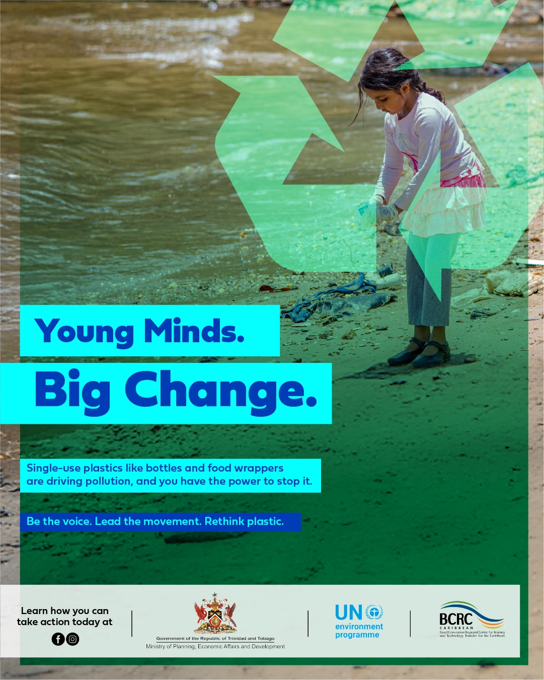Young Minds. Big Change. Campaign post showing a young person taking part in a coastal clean-up.