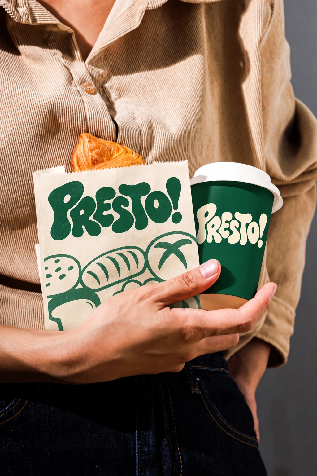 Presto identity on a takeaway bag and coffee cup