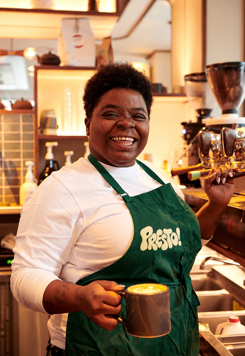 Presto identity on a green barista apron