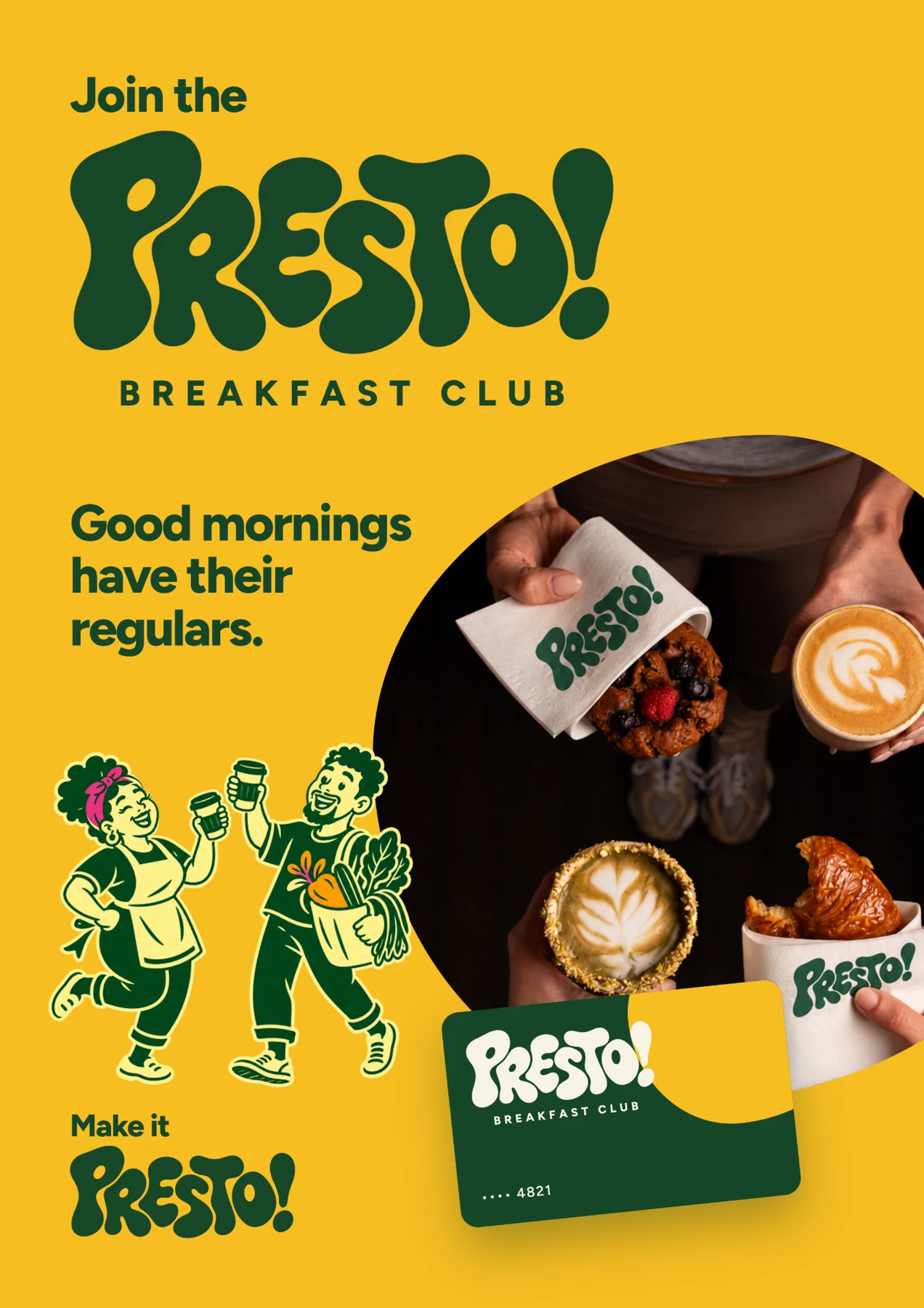 Presto Breakfast Club poster with Miss Linda and Dash: Good mornings have their regulars.
