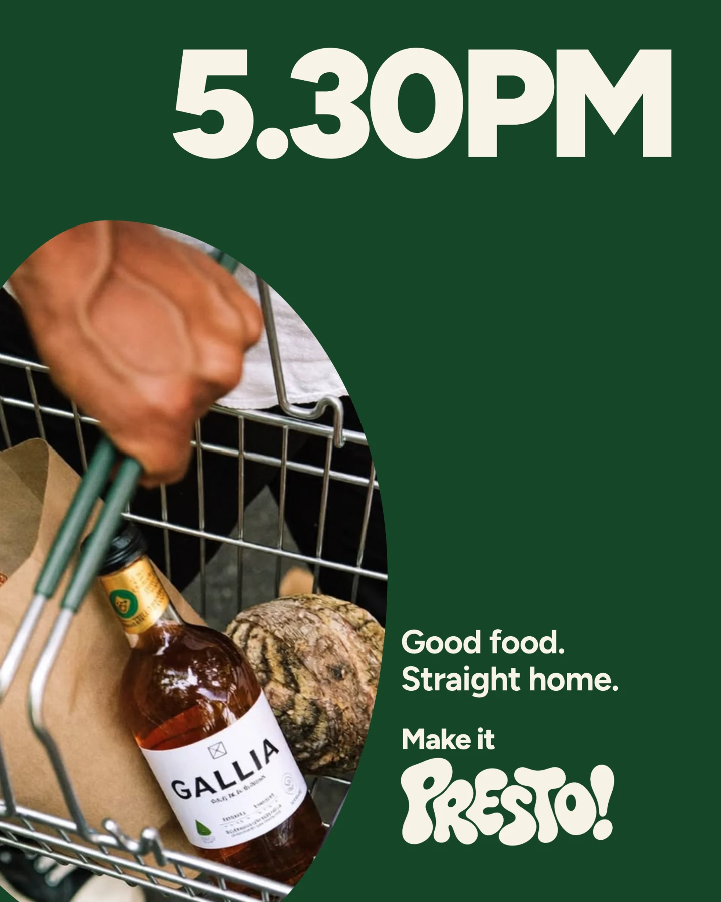 5.30PM Make it Presto campaign artwork: Good food. Straight home.