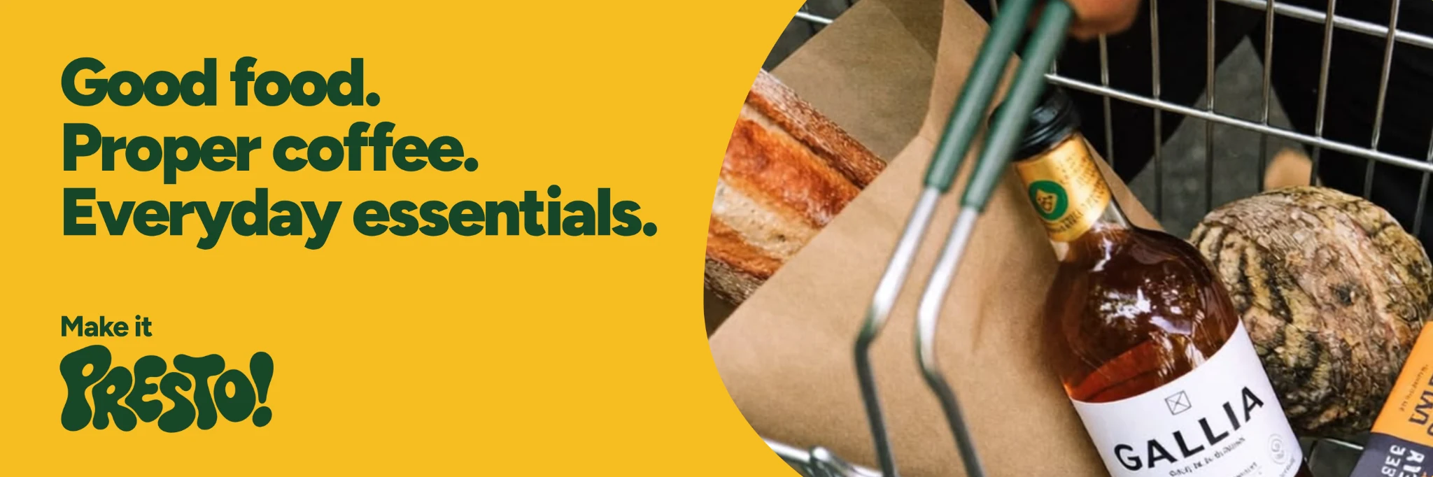 Yellow Make it Presto billboard: Good food. Proper coffee. Everyday essentials.