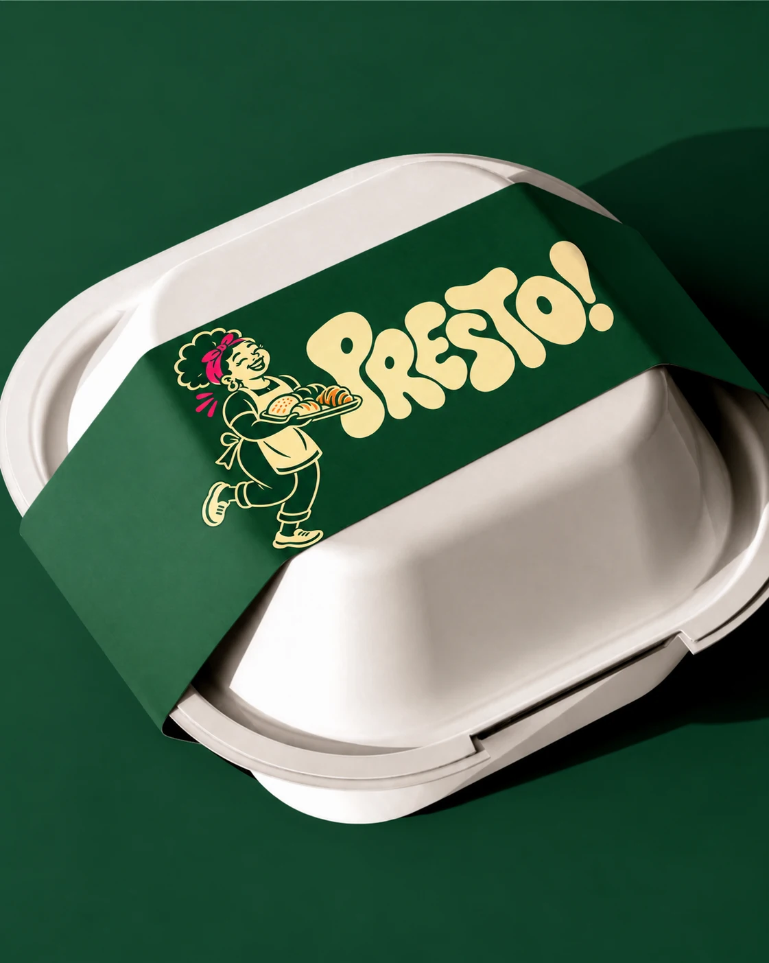 Presto identity on a green sleeve around a takeaway meal box