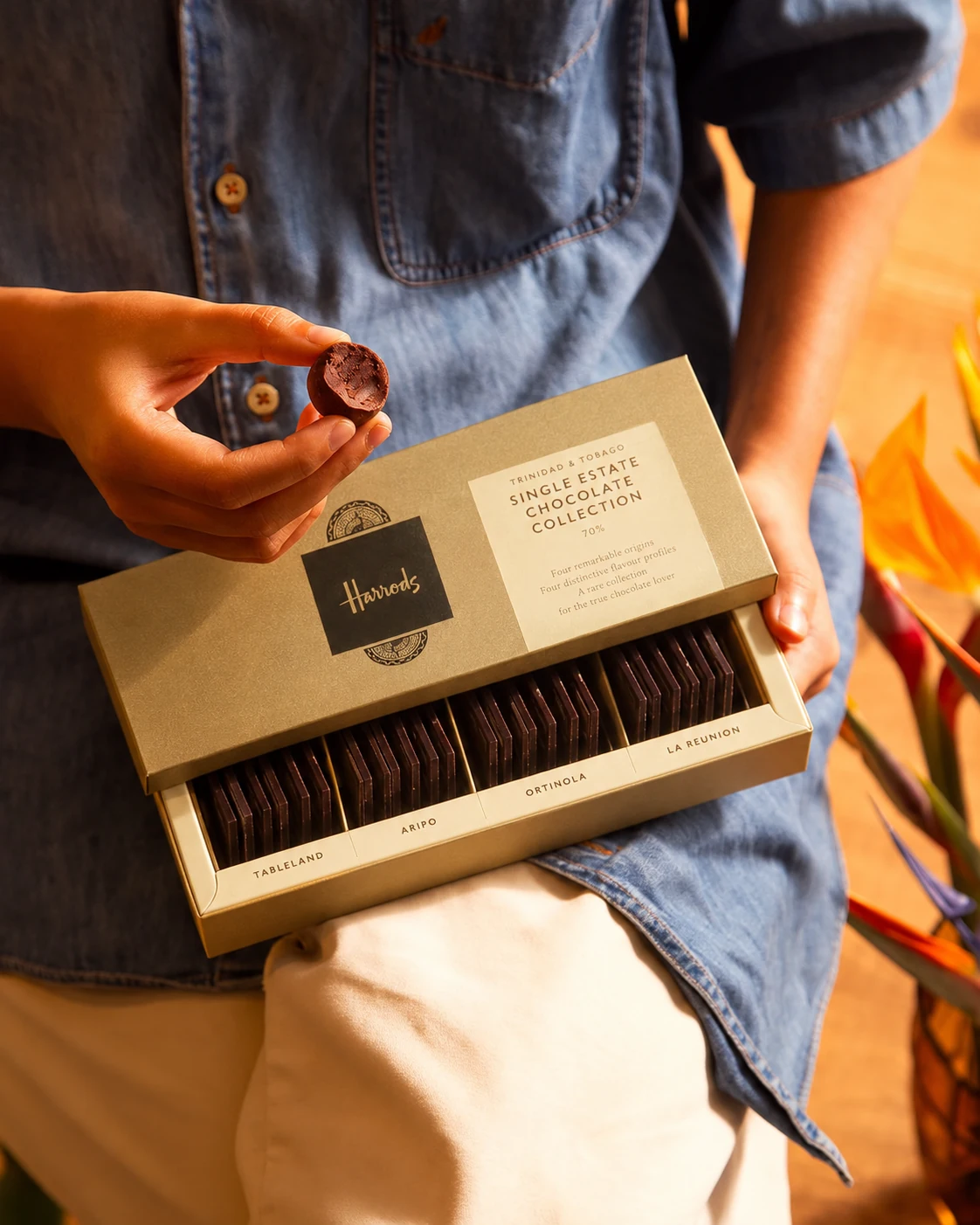 The Harrods single-estate chocolate collection in a gold presentation box, held in warm sunlight with one chocolate ready to taste.