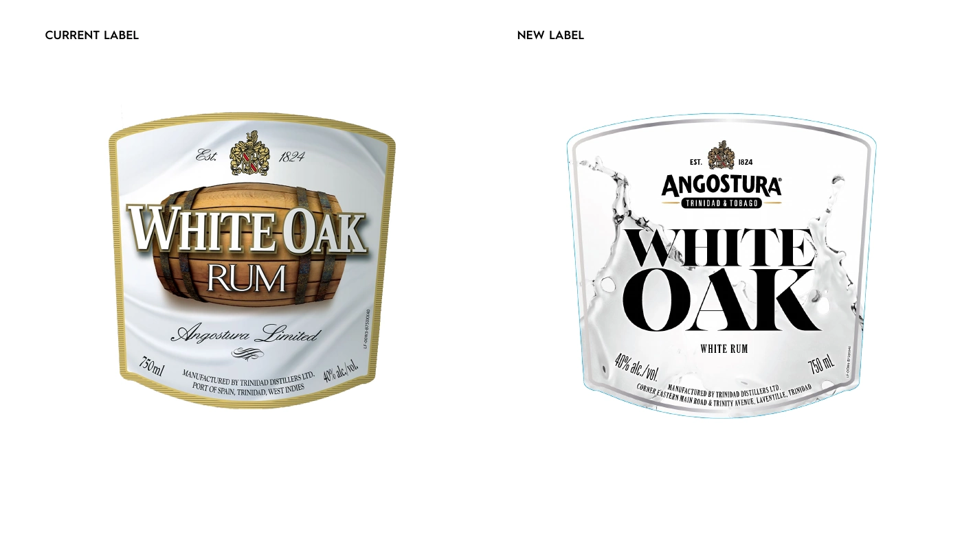 Label evolution comparison: the previous White Oak rum label with a barrel illustration, and the evolved label with a large stacked White Oak wordmark and a silver splash.