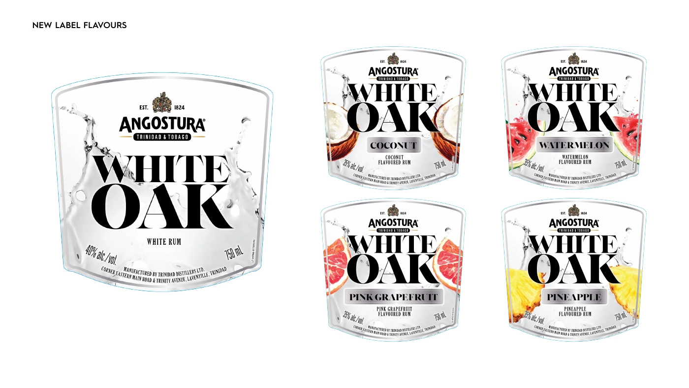 The evolved White Oak label family, including original white rum, coconut, watermelon, pink grapefruit and pineapple.