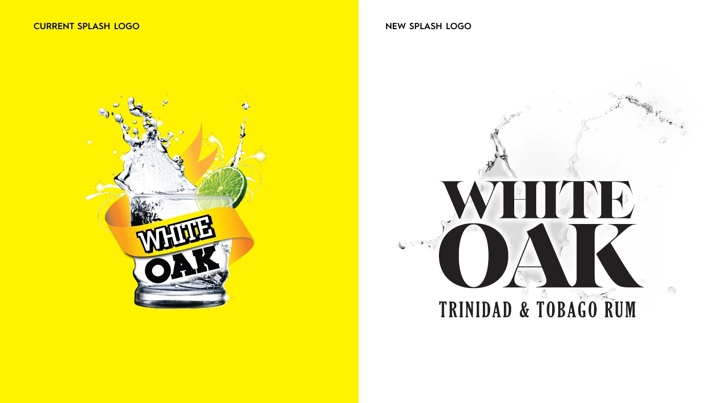 Comparison of the old White Oak glass-and-splash logo with the evolved wordmark, simplified splash and Trinidad and Tobago rum line.