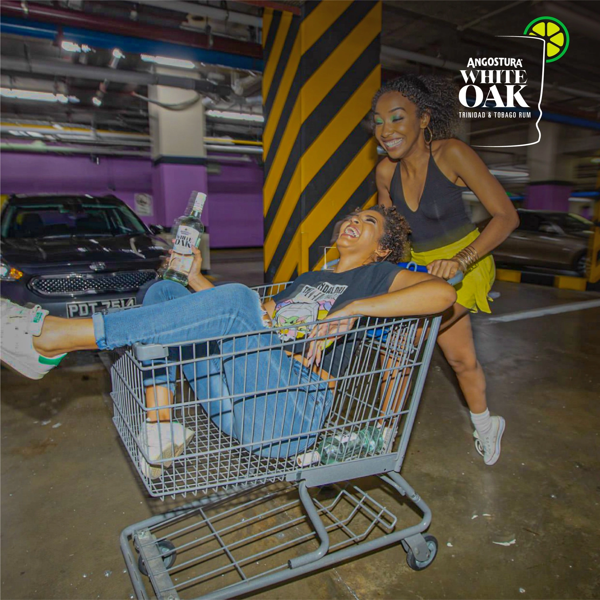 White Oak campaign artwork featuring two friends with a shopping trolley in a car park.