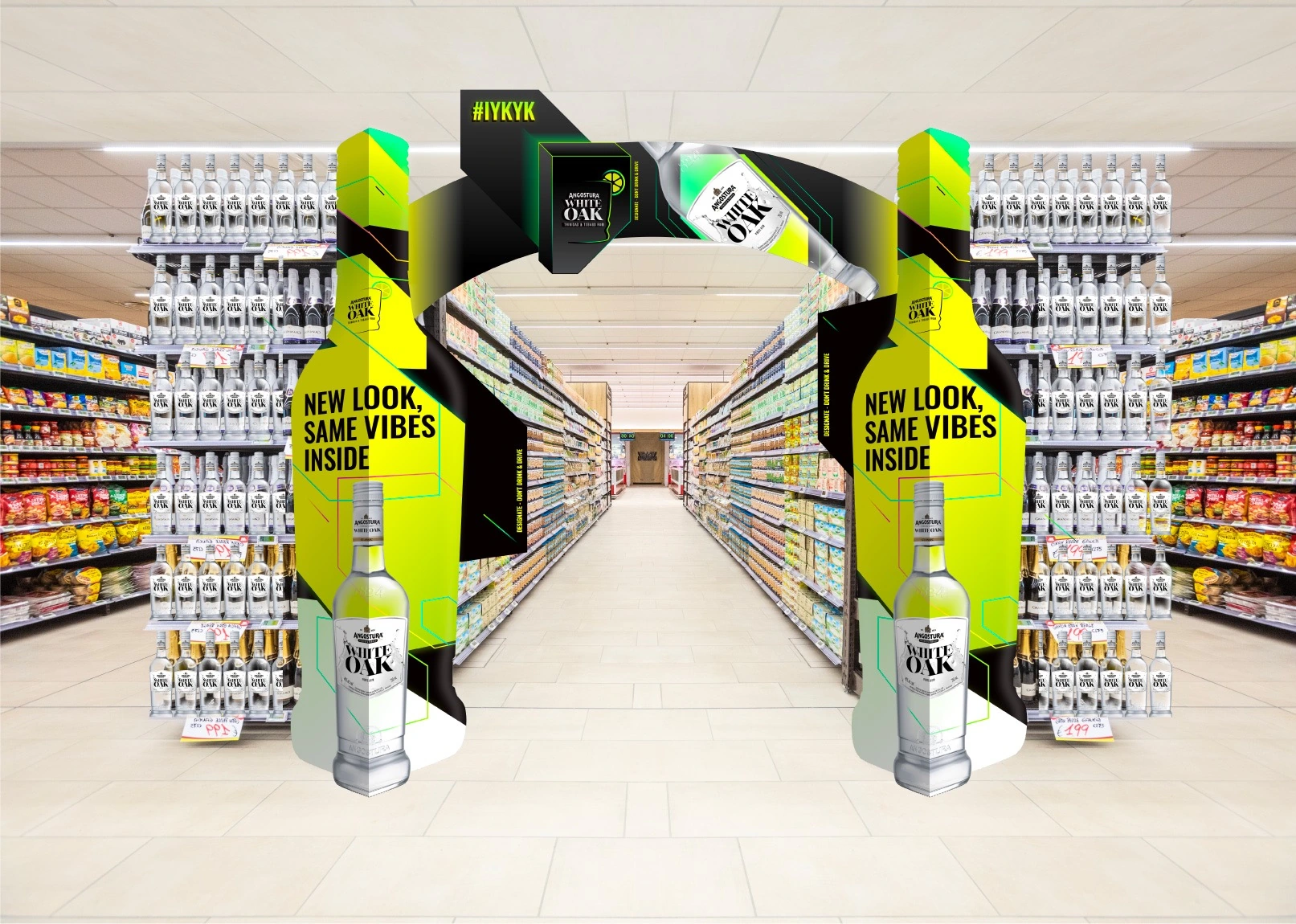 White Oak retail display concept forming an aisle entrance, with the new bottle and the line New look, same vibes inside.