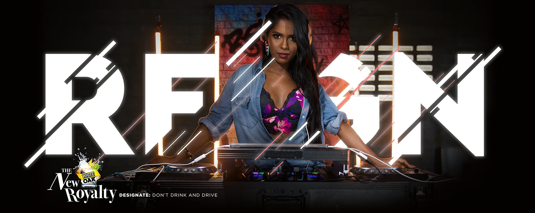 Reign outdoor campaign artwork featuring a DJ at a set of decks, with the campaign name in large white type.