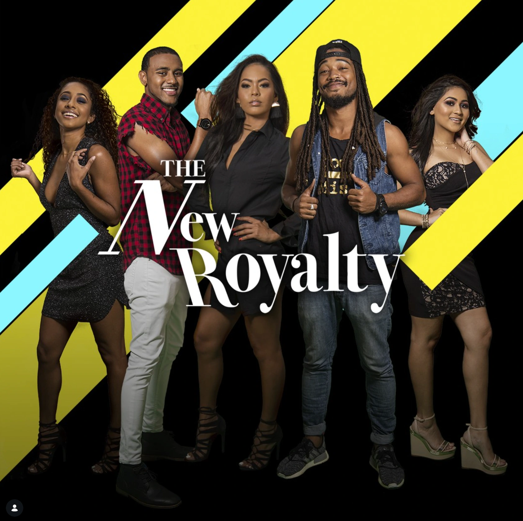 The New Royalty cast photographed against diagonal yellow, turquoise and black graphics.