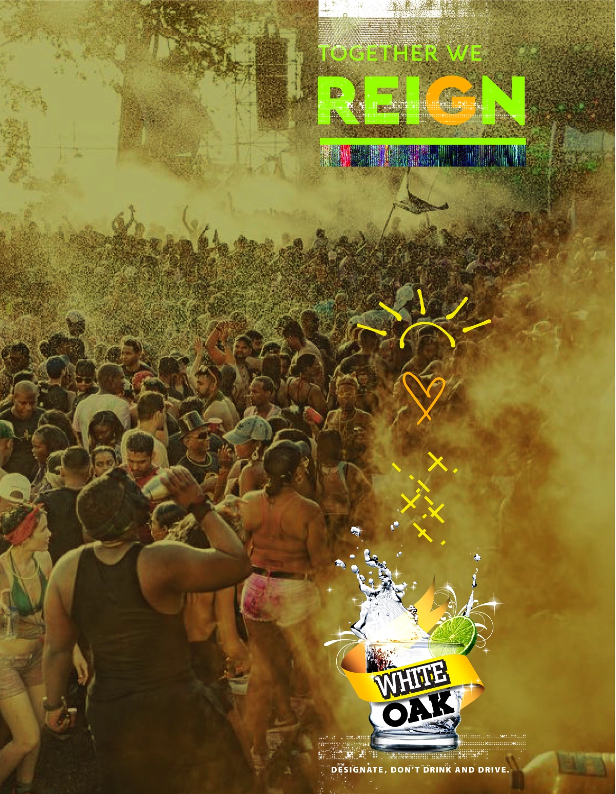 Together We Reign artwork showing a large Carnival crowd under a cloud of coloured powder.