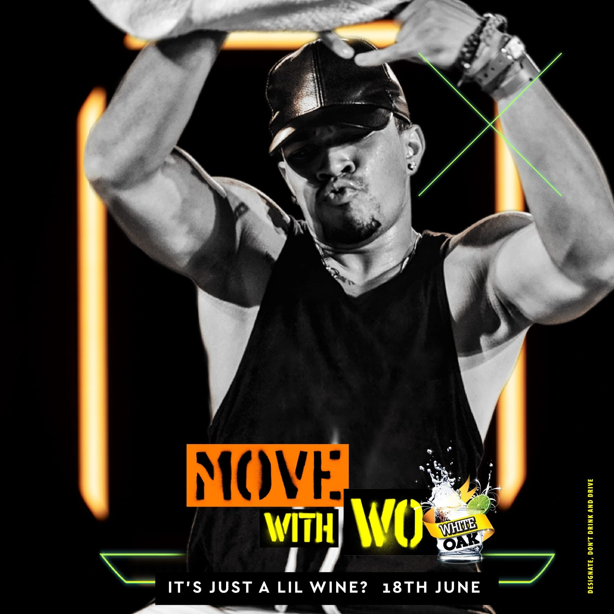 Black-and-white portrait of a dancer in the Move with WO social artwork for It’s Just a Lil Wine?